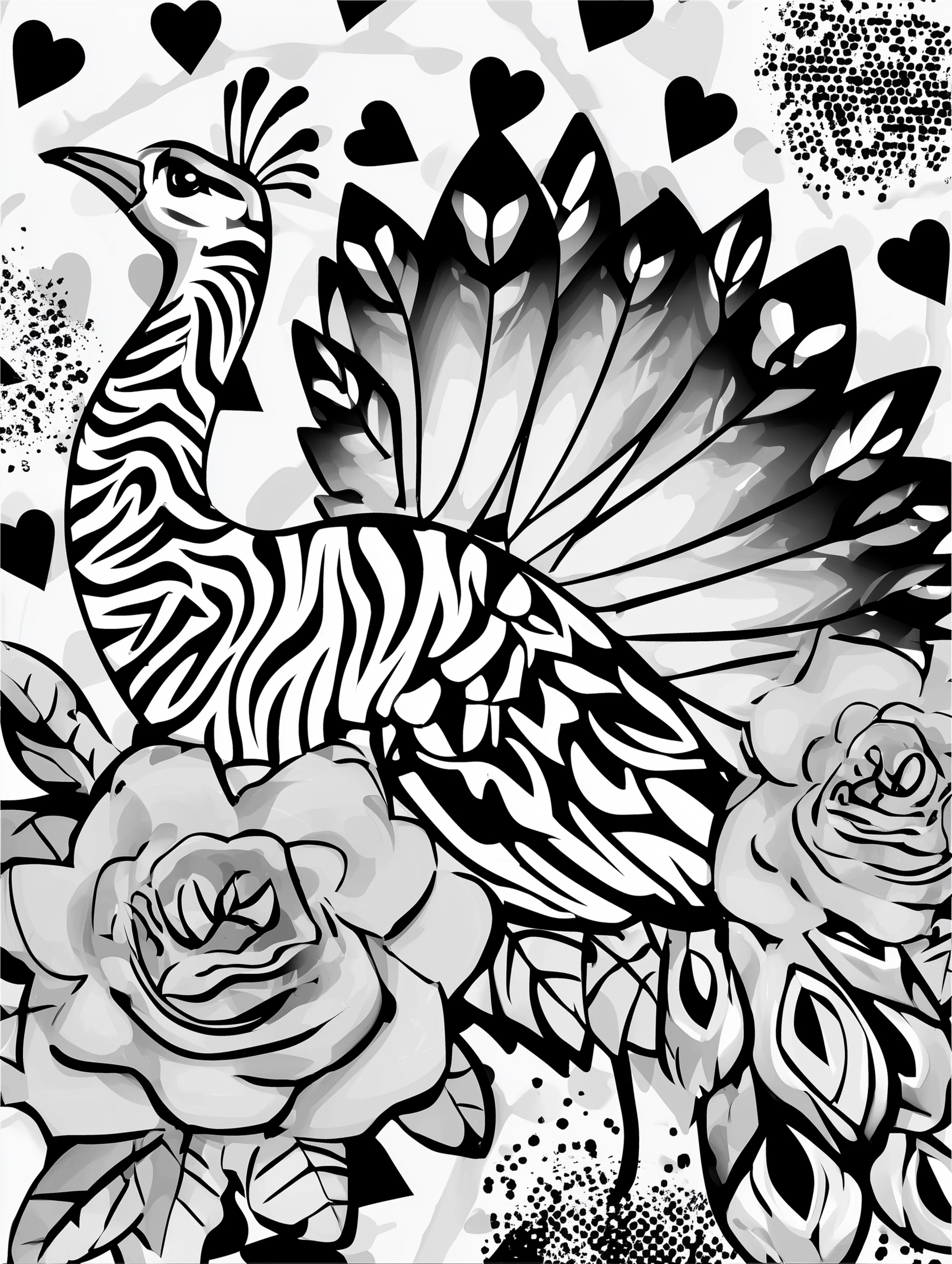 Free printable bird coloring page for adults featuring a peacock with a dark tail